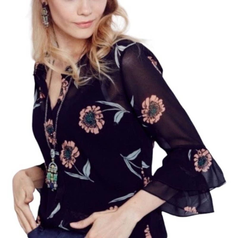 CAbi La Di Da Black Floral Chiffon Blouse Style #5206 - Picture 1 of 8